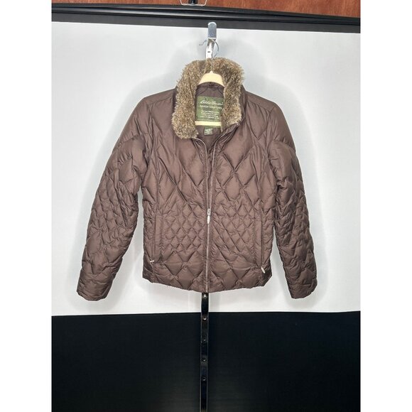 Eddie Bauer XS Quilted Brown Jacket W/ Faux Fur Collar Premium Goose Down - Picture 2 of 8